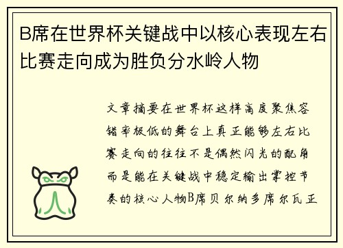 B席在世界杯关键战中以核心表现左右比赛走向成为胜负分水岭人物
