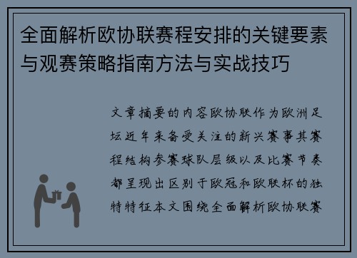 全面解析欧协联赛程安排的关键要素与观赛策略指南方法与实战技巧