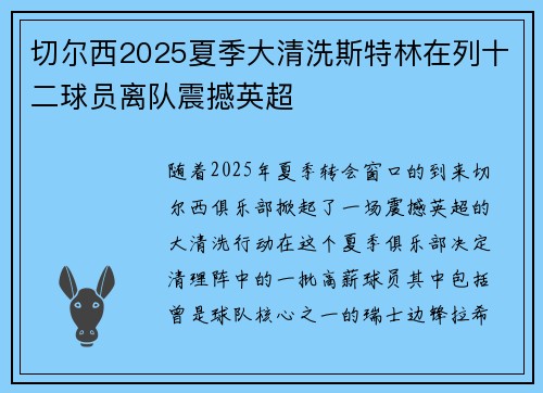 切尔西2025夏季大清洗斯特林在列十二球员离队震撼英超